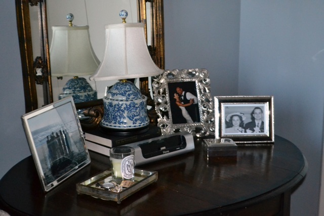 blue + white lamp & sterling picture frames