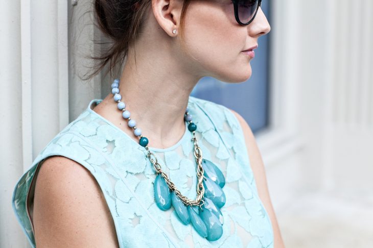 blue statement necklace + lace dress