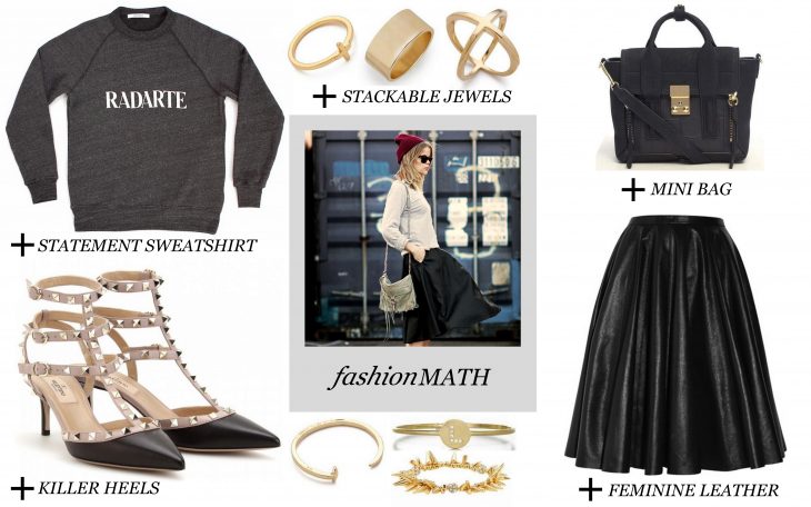 fashion math: statement sweatshirt + leather skirt