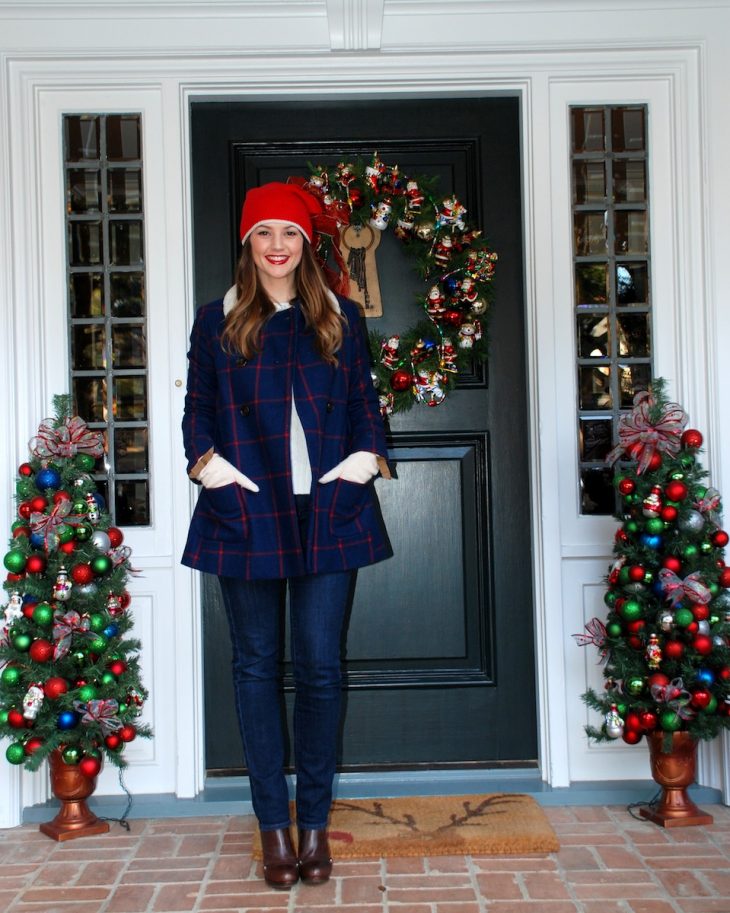 navy and red plaid peacoat