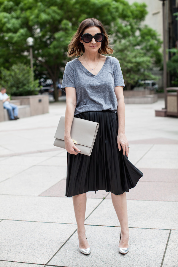 black leather skirt and t-shirt