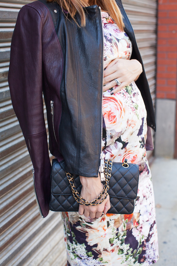 ASOS floral maternity dress with vince leather moto jacket.