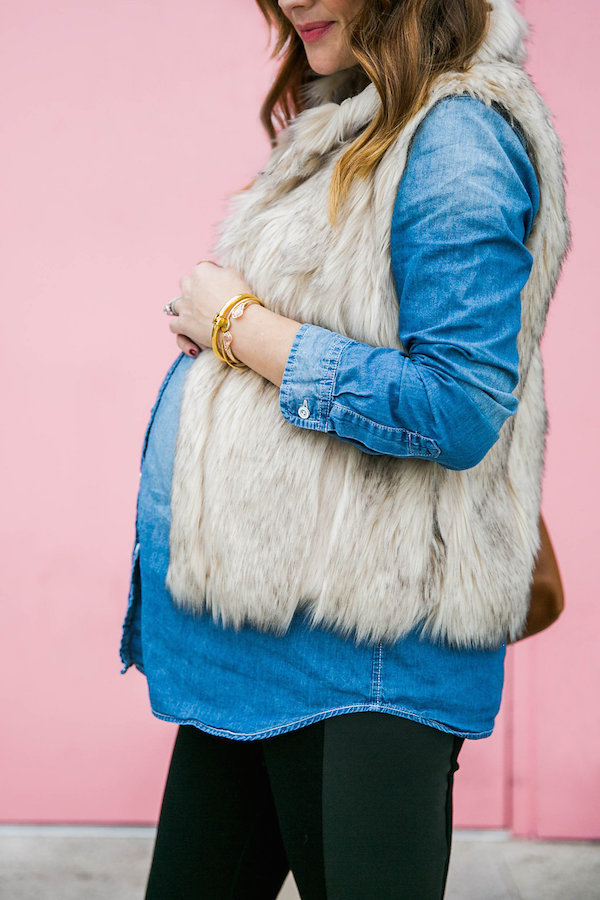 how to style a denim shirt and fur vest.