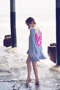 blue stripped beach dress with pink tassels