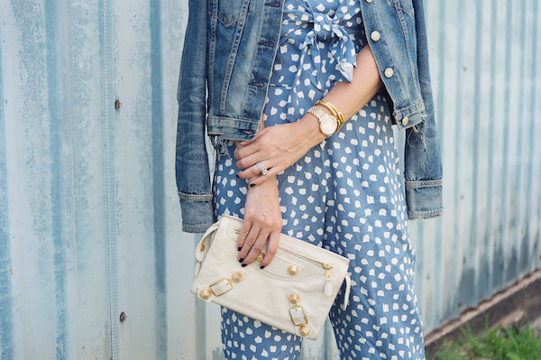 how to wear Anthropologie's blue polka dot and bow jumpsuit