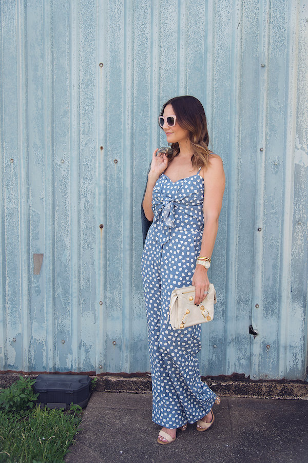 how to wear Anthropologie's blue polka dot and bow jumpsuit