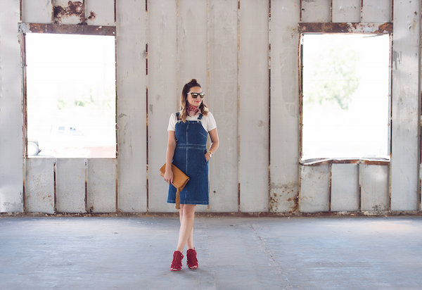 how to style a denim overall dress by Madewell