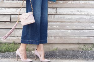 Chanel bucket bag with tassel and Dee Keller heels in pale pink suede