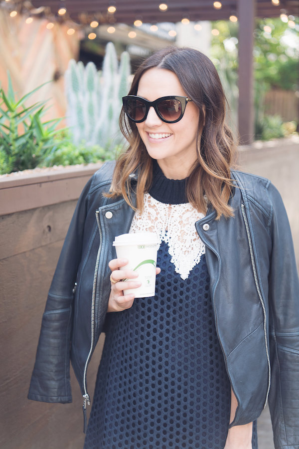 how to style a lace dress with a leather jacket