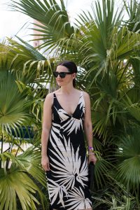 Caroline styles a palm print sheath dress