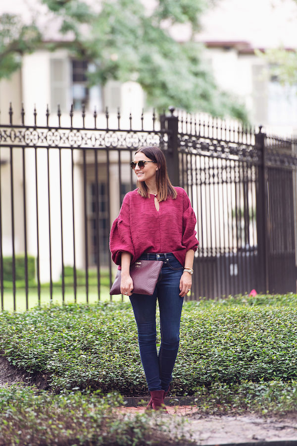 Caroline styles her maroon Mirth Caftan for a chic fall look