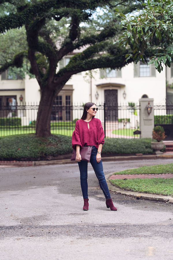 Caroline styles her maroon Mirth Caftan for a chic fall look