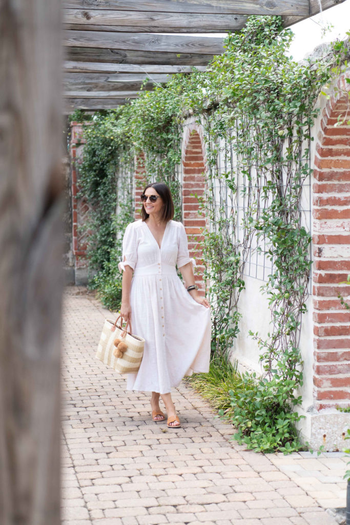 Summer Outfit Inspiration from Caroline Knapp featuring a Free People Dress, Steve Madden Sandals, Mar y Sol Tote, and Krewe Sunglasses