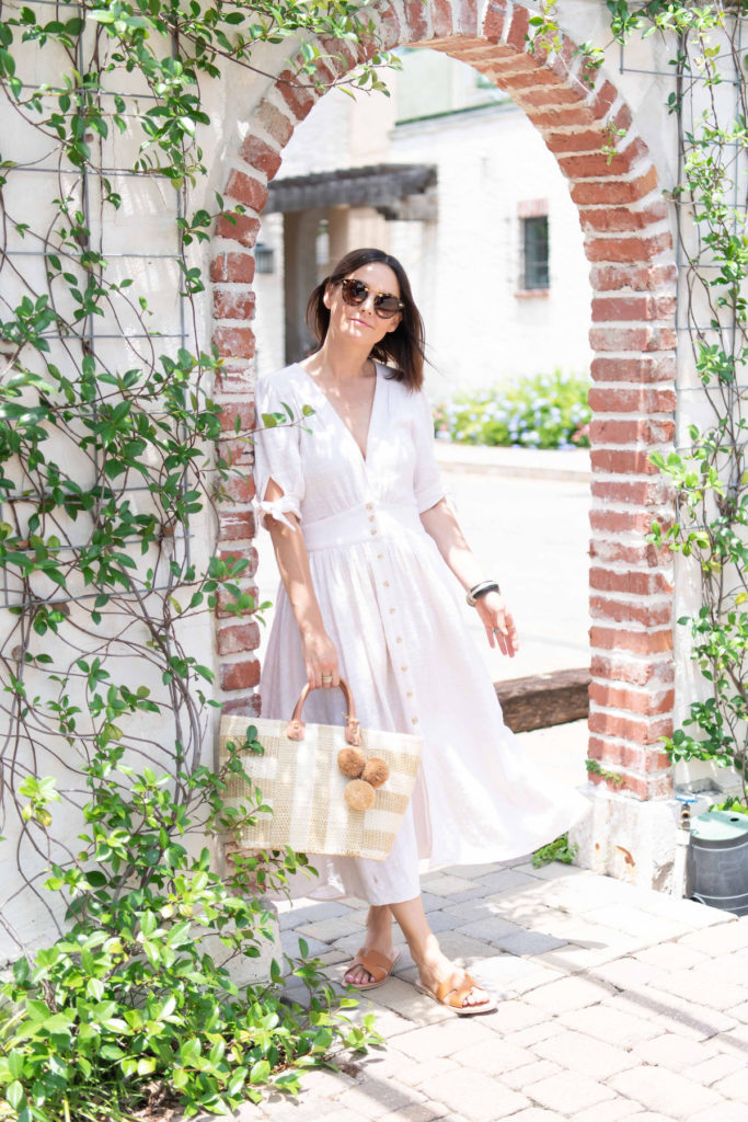 Summer Outfit Inspiration from Caroline Knapp featuring a Free People Dress, Steve Madden Sandals, Mar y Sol Tote, and Krewe Sunglasses