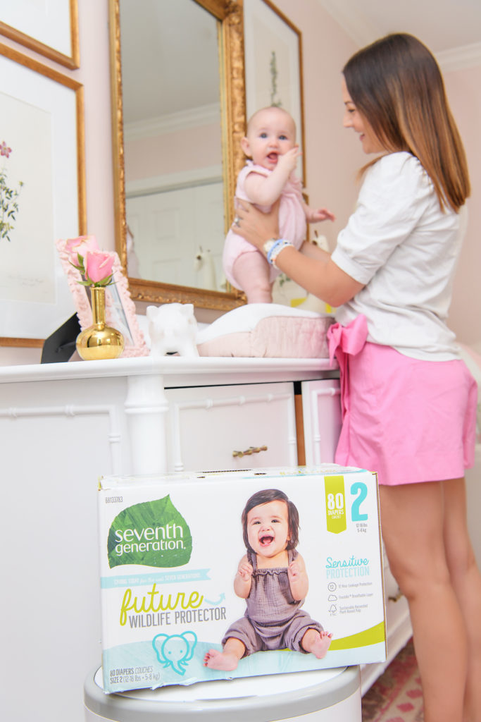 Is there anything cuter than a baby just wearing their diaper post bath? This sweet girl’s smile is contagious and her giggles will melt your heart. She brings so much joy to our family and we can’t wait to see her future and how she will choose to change the world. I love how Seventh Generation diapers showcase it’s mission to support the next generation of future world changes by showcasing their mission on each box.