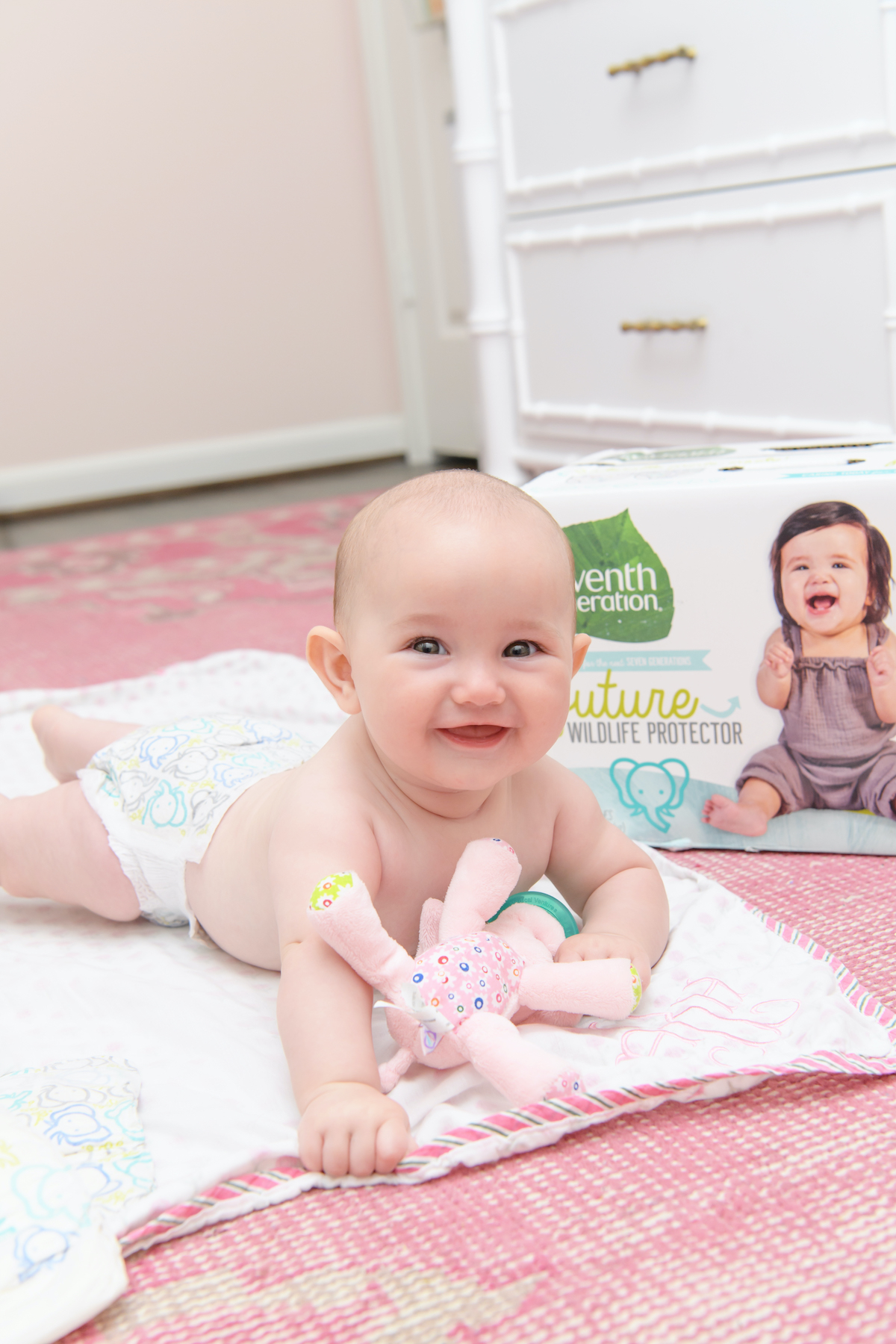 Is there anything cuter than a baby just wearing their diaper post bath? This sweet girl’s smile is contagious and her giggles will melt your heart. She brings so much joy to our family and we can’t wait to see her future and how she will choose to change the world. I love how Seventh Generation diapers showcase it’s mission to support the next generation of future world changes by showcasing their mission on each box.